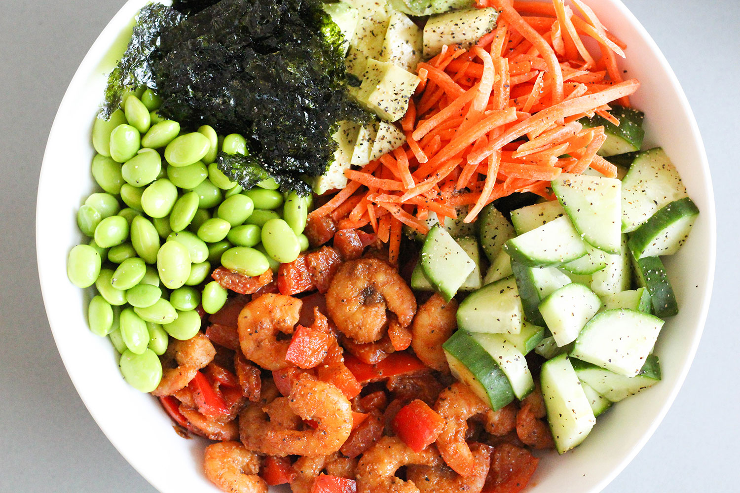 Spicy Shrimp Poke Bowl with Brown Rice (gluten-free, dairy-free